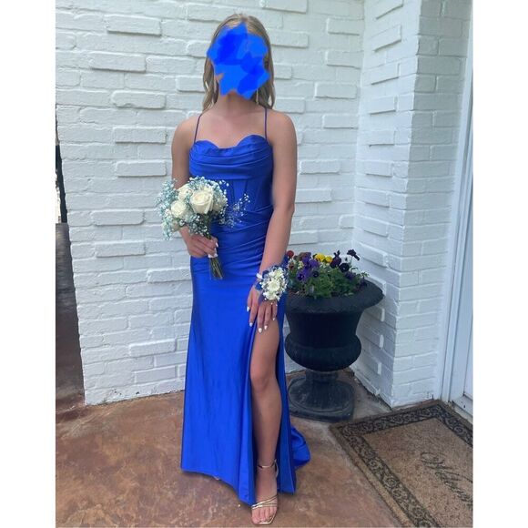 Nox Anabel Royal Blue Corset Prom Dress Long Formal Gown Size 4 E1042 Cowl Neck - Picture 2 of 14
